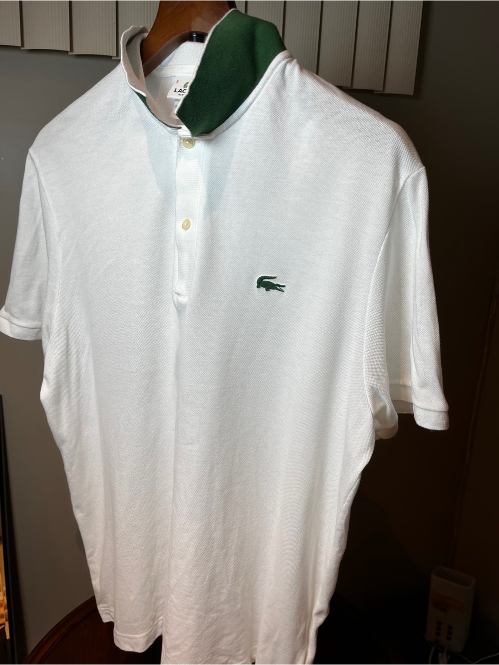 Lacoste White Polo with Green Collar and Embroidered Crocodile